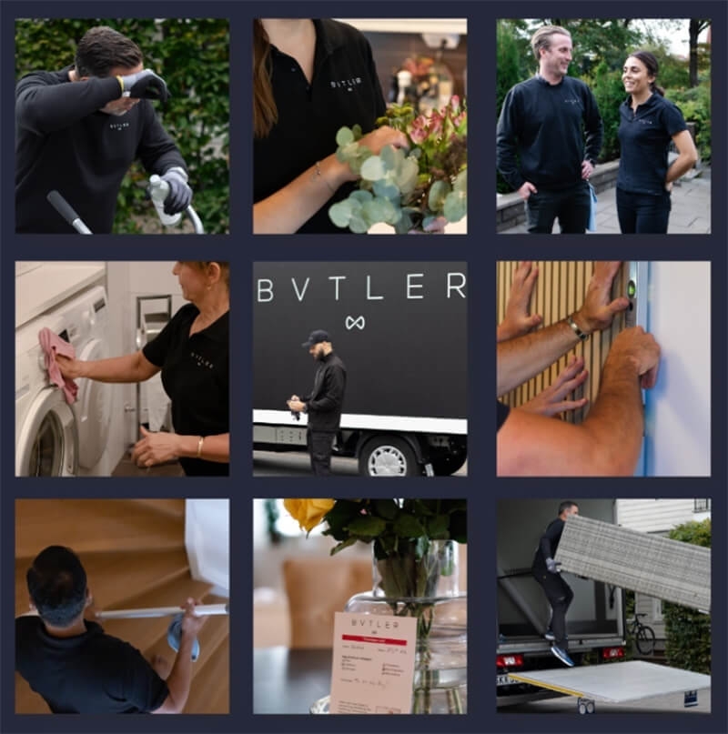 Collage av bvtlers medarbetare i arbete med städning, fönsterputs, handymanmoment och kundservice