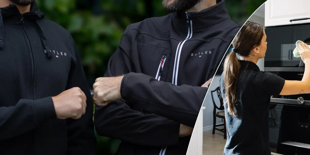 Komponerad bild som visar anställda från städ- och hushållsföretaget BUTLER. Till vänster och i mitten syns två män i svarta BUTLER-jackor. Till höger syns en kvinna i svart uniform som rengör en Siemens-ugn.